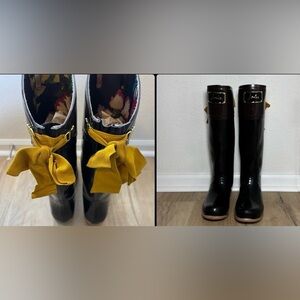Joules Evedon Wellington Boots US 8 Black/Brown Floral Inside, Yellow Ribbon